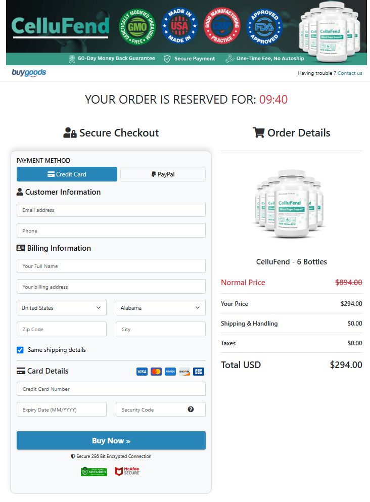 CelluFend checkout page